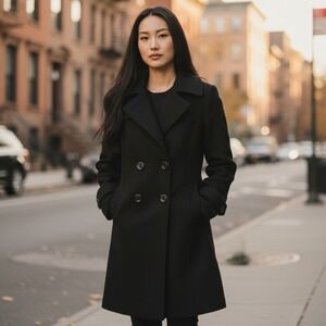 ALYY Womens M Black Double Breasted Wool Blend Pea Coat Jacket